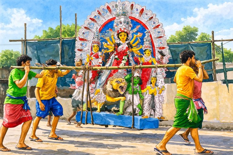 सुंदरबन से कृष्णनगर तक, मां की प्रतिमा कंधे पर उठाने आते हैं ये मजदूर